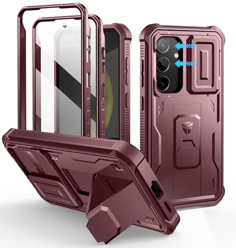 Dexnor Kompatibel mit Samsung Galaxy S24 Hülle mit Eingebaute Schiebekamera Abdeckung&Displayschutz&Kickstand, Schwerlast Stoßfestes Robustes Handyhülle Ganzkörper Stoßfänger Schutzhülle - Magic Red