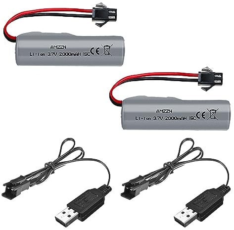 AMZZN 2PCS 3.7V 2000mAh Lipo Battery with USB Charging Cable SM-2P Plug for DE44 DE45 DE68 RC Cars, Remote Control Drift Vehicles, Trucks, Off-Road Vehicles, High-Speed Climbing Racing