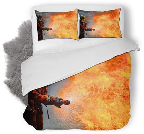 3D Feuerwehr Rettungsfeuerlösch Bettwäsche 155x220 cm Weiche Mikrofaser Flammen Bettwäsche-Set mit Reißverschluss 3 Teilig Bettbezug Set mit Kissenbezug 80x80 cm