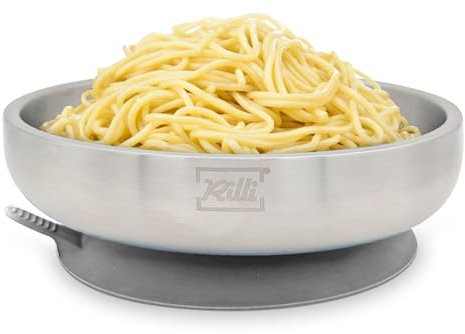 Rilli Edelstahl Saugnapf Teller tief, ab 6 Monate, rutschfestes Baby Geschirr, Baby Saugnapf Geschirr (grau)