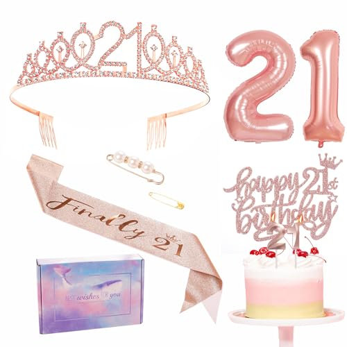 Rose Gold 21st Birthday Decorations for Her 21st Birthday Sash Tiara Set, 21st Birthday Party Pack Sash Crown Birthday Cake Topper Number 21 Foil Balloons Candles, 21st Birthday Gifts for Her Girl