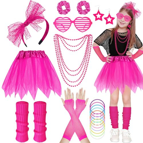 80s Costume Accessories Set for Girls, 21Pcs 1980s Fancy Dress Outfit with Tutu Skirt Fishnet Gloves Pink Leg Warmers Bow Headband Necklace Bracelets Glasses for Kids 1980s Theme Party