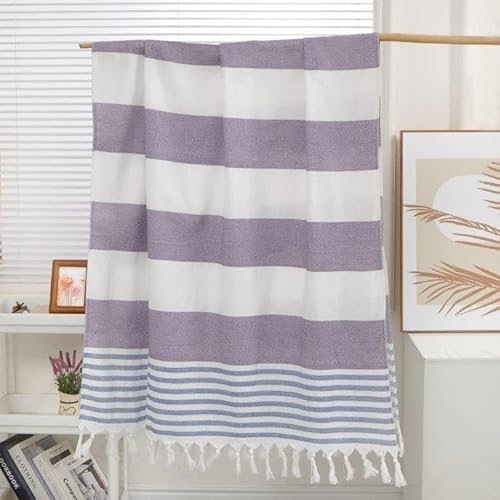 FEBE Strandtuch Badetuch Lila und Blau Baumwolle 180x80 cm Ultraleicht mit Handgeknüpften Hamamtuch Saunatuch Picknickdecke Towel