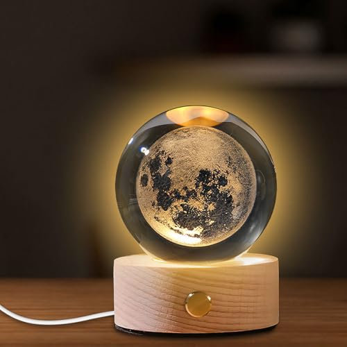 3D Kristallkugel Nachtlicht, 3D Sonnensystem Kristallkugel mit LED Sonnensystem Kristallkugel Planeten Lampe Solar System Crystal Ball 6cm Milchstraße Glaskugel Warmes Licht (Moon)