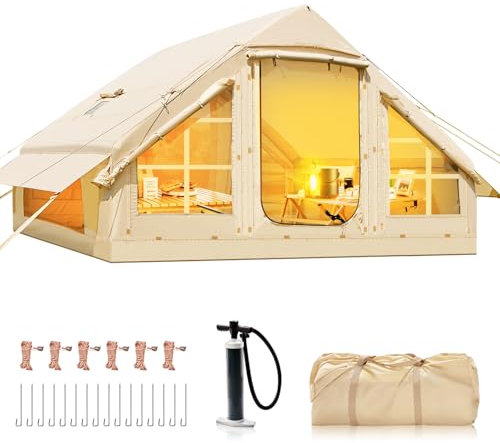 Aufblasbares Zelt für Camping Outdoor Zelt für 4-6 Personen mit Luftpumpe, Kaminöffnung Aufblasbares Gampingzelt aus Wasserdichtem Oxford-Stoff Air Glamping Zelte für 4 Jahreszeiten Camping (Weiß)