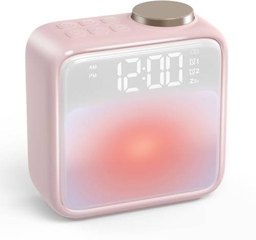 AIRIVO Alarm Clock Night Lights, Rechargeable Alarm Clock for Bedrooms, 6 Scenes & White Noise Sync, Dual Alarms & Snooze, for Heavy Sleepers, Gifts for Kids Teens (Pink)