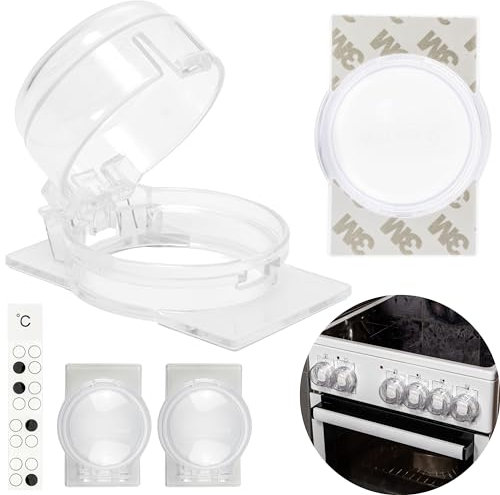 Herdknopf Kindersicherung, 3 Pack, Montage ohne Knopf Demontage, für max. Ø 4,9 cm und 4 cm hohe Herdknöpfe Schutz mit min. 6,1 cm Abstand Mitte-Mitte, transparenter Kleber, Herdschutz Baby Sicherung