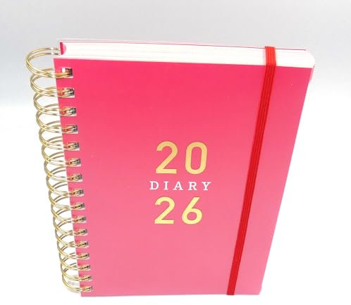 Sixstore Terminplaner 2025, A5, ein Tag pro Seite, Spiralbindung, A5, DAP-Tagebuch, ein Tag pro Seite, Schreibtisch-Terminplaner mit elastischem Verschlussband, Rot