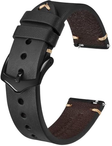 BISONSTRAP Uhrenarmband für Herren, Handgefertigte Stiche Leder Armband, Schnellverschluss, 24mm, Schwarz mit Schwarzer Schnalle
