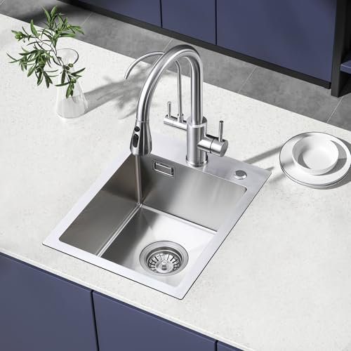 ROVOGO 304 Edelstahl Spülbecken Klein, 45 x 35 cm Spüle Küche mit Ablauf-Set, Küchenspüle mit Löchern für Armatur und Seifenspender, 1 Becken Einbauspüle Gebürstet