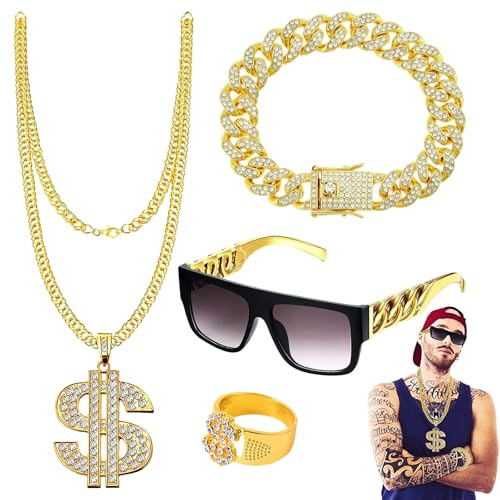 WYRGQIQN Zuhälter Kostüm Glamouröses Hip-Hop-Schmuckset - Goldkette für Herren und Damen, Perfekt für 70er Jahre Outfit und Accessoires - Party & Faschings Goldkette