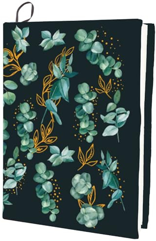 craspire Housse de Livre Extensible en Forme de Feuille Motif Plante Noir Vert Lavable et Réutilisable Grande Pochette en Nylon Protection de Livre Élastique pour Carnet de Notes Livres à Couverture