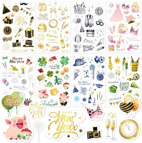 HOWAF 24 Blätter Aufkleber Silvester 2025, Happy New Year Aufkleber Selbstklebend Glücksbringer Silvester Sticker Aufkleber Glücksschwein Kleeblatt für DIY Silvester Geschenk, Silvester Deko 2025