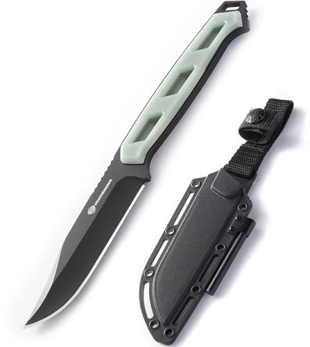 DRACHENADER Gürtelmesser SOLIXAR, 10 cm Klingenlänge Full Tang Messer, 5Cr13MoV Stahl, Messer Outdoor mit Feuerstahl und ABS Scheide, Schwarze Klinge+ Natur Griff