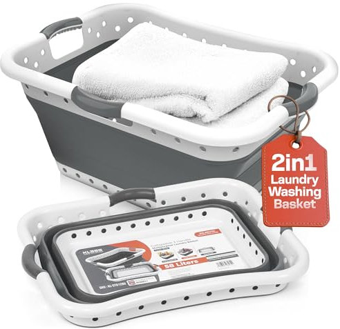 Klass Home Collection 58L Large Collapsible Laundry Baskets Plastic, Pop Up Foldable Washing Basket, Laundry Hamper For Sorting & Drying, Space Saving Folding Wash Bucket Tub (3-Handle, Grey)