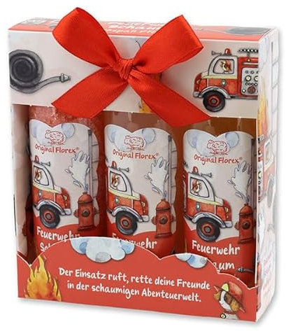 Waschspaß für Kinder: Pflegeset 3-teilig Feuerwehr Schaum, Inhalt: Schaumbad 75ml mit biologischer Schafmilch, Pflegeshampoo 75ml mit biologischer Schafmilch, Badesalz 100g mit naturreinem Meersalz