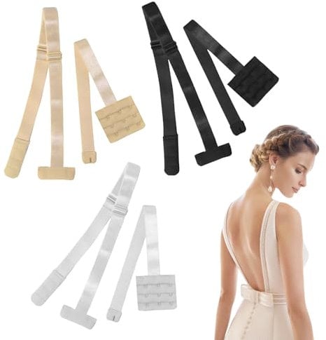 KWJEIULSOQ 3 Pairs Low Back Bra Converter 3 Hooks,Adjustable Bra Straps Extender Low Back,Elastic Bra Low Back Converter Bra Accessories Women for Backless Dress Wedding Party,Black White Skin Colour