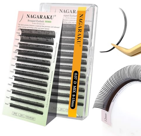 NAGARAKU 5D Racimos de Anime Pestañas Premade Flower Spikes Pestañas Manga Volumen Wispy Easy Fans Base con Pegamento Para Aplicación Precisa Efecto Wet Look Suave Ligero Negro Mate (0.07 D 8-15mm)