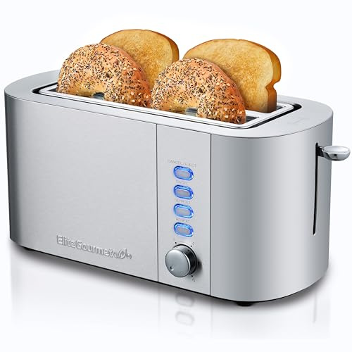 Elite Gourmet ECT4123X Long Slot 4 Slice Toaster, Extra Wide 1.5 and 5.1 Deep Slots, Bagel, Defrost & Cancel Functions, 6 Toast Shade Settings, Fits Bagels, Waffles, Artisan Breads, Stainless Steel