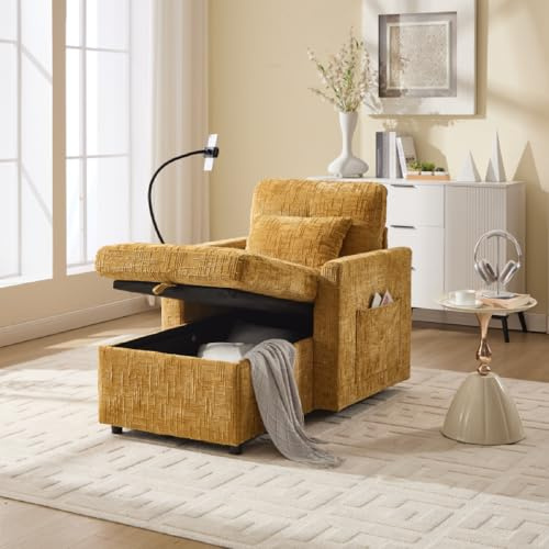 A ALFRESCOOL Schlafsessel mit Bettfunktio, Relaxsessel mit Liegefunktion, Chenille, Handyhalterung und Seitentasche, Großer Stauraum für Wohnzimmer Schlafzimmer Kleiner Haushalt(Senfgelb)
