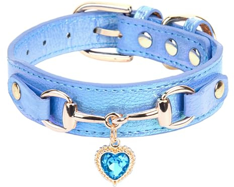 Flongo Herz Strass Hundehalsband aus Leder: Schwarzes Halsband mit D-Ring für Kleine Hunde - Wasserfestes Leder mit Schnalle - Verstellbares Halsband für Chihuahua und kleine Rassen - Größe S
