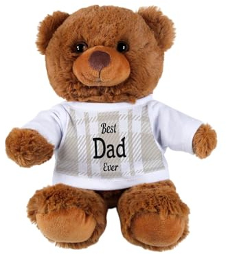 Purely Home Best Dad Teddy Bear - Gifts for Fathers Day - Dark Brown Stuffed Animal with Check Print T-Shirt