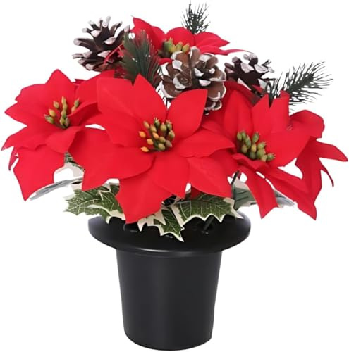 Pack1 Christmas Artificial Flowers for Graves in Pot|Red Poinsettia with Snowy Cone & Variegated Holly|Cemetery Artificial Poinsettia Grave Flower Pots | Weatherproof Grave Vase for Memorial Flowers.