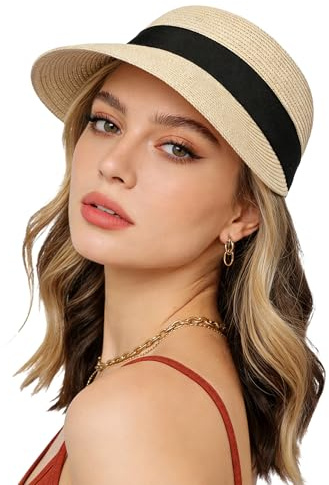 Wildarms De Mujer Summer Straw Sun Hat - Negro Ribbon Foldable Outdoor Floppy Straw Beach Hats (, Talla única, Beige)