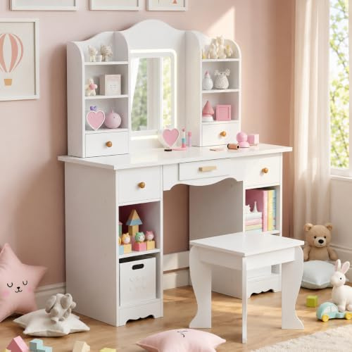 Clevich Schminktisch Kinder Set, Kinderschminktisch mit LED Beleuchtung | Prinzessin Frisiertisch mit 5 Schubladen, 10 Staufächern, Hocker & Spiegel, für Kinder von 3 bis 8 Jahren, Weiß
