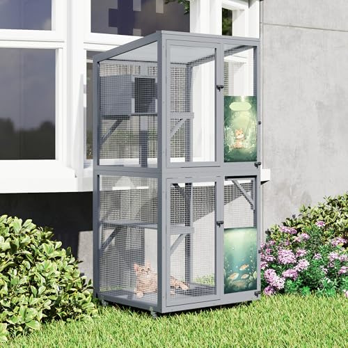 Wooden Cat House Outdoor and Indoor on Wheels with Jumping Platforms, Removable Large Catio Up to 44 lbs, Window Playpen for Outside with Resting Condo (80L x 80W x 178.5H cm)