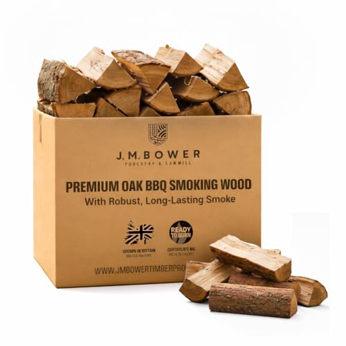 JM Bower Oak Firewood Logs Ready to Burn Certified – Grown in Britain Kiln Dried Oak Smoking Wood for BBQ, Pizza Ovens & Log Burners | Clean, Light Smoke Oaks BBQ Wood & Firewood Logs (approx 15kg)