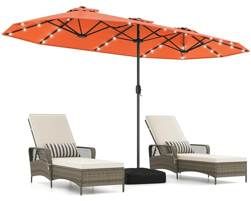 COSTWAY Ombrellone Giardino Doppio 400 x 200 cm, 36 Luci LED (Arancione) | Manovella 12 Stecche, Base, Anti-UV, Rettangolare, per Giardino Piscina Cortile