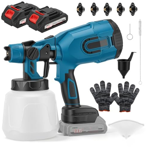Pistola di Vernice, Pistola a Spruzzo per Verniciare Con Batteria, 5 Ugelli con Capacità di 1400ML ,Pistola Vernice A Spruzzo Con 2x3000 MAh E Caricabatterie Per Recinzioni, Pareti(Blu)
