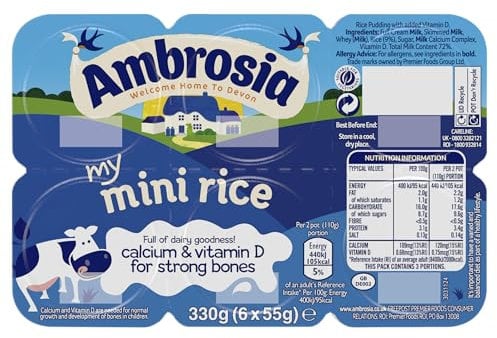 Ambrosia My Mini Rice Pudding Pots With Added Calcium & Vitamin D, Ready-to-Eat, 6 x 55 g Pots (Total 330 g)