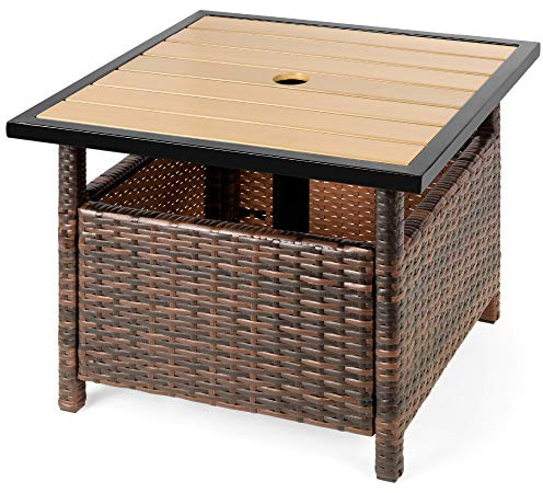 Best Choice Products Wicker Side Table with Umbrella Hole, Square PE Rattan Outdoor End Table for Patio, Garden, Poolside, Deck w/UV-Resistant Frame, Storage Space - Brown