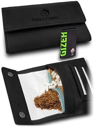 Tabaktasche 'Tåruk' – Premium Tabak-Beutel aus Leder – Dreher-Tasche mit Magnetverschluss, Filterfach und Double Blättchen-Halter – Vintage Black