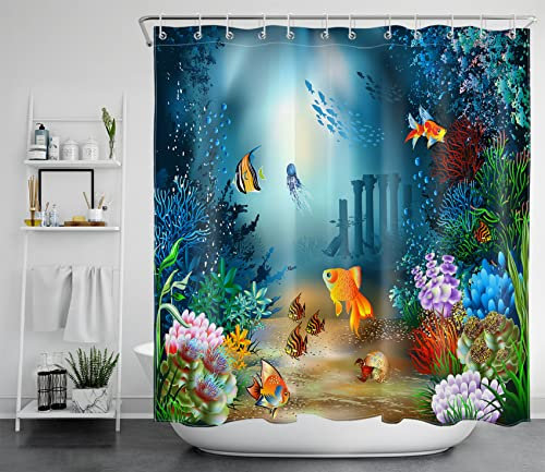 Unterwasserwelt Duschvorhang Fisch, Algen, Bubble, Pflanze im Ozean Gemustert Polyester Fabrik Extra lang Badevorhänge 180x200cm Wasserdicht antischimmel Badezimmer Dekor Heimzubehör mit Vorhanghaken