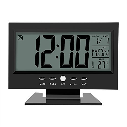 Aramox Digitaluhr Elektrische, Wecker Digital, LCD Digital Sound Sensor Tisch Schreibtisch Wecker mit Kalender und Temperaturanzeige(Schwarz)