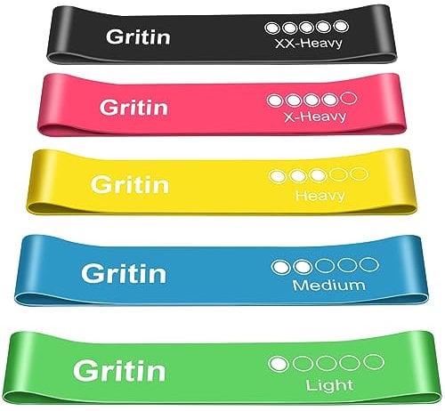 Gritin Bandas Elásticas Fitness/Bandas de Resistencia, Set de 5 Cintas Elásticas Fitness y Musculación de Látex Agradable a la Piel con Guía de Ejercicios de Español