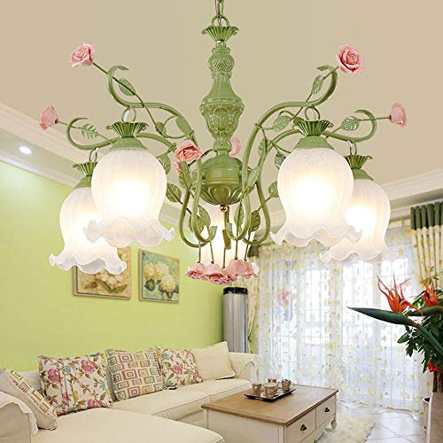 WRMING Esstisch Glas Pendelleuchte 5-Flammige Vintage Hängelampe Metall Retro Esstischlampe Blumen Design pastoral Pendellampe für Esszimmer Küche Bar Restaurant,E27*5,Green
