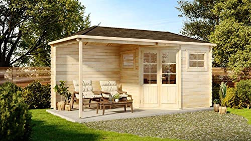 Alpholz 5-Eck Gartenhaus Franz-28 mit Anbau aus Massiv-Holz | Gerätehaus mit 28 mm Wandstärke | Garten Holzhaus inklusive Montagematerial | Geräteschuppen Größe: 500 x 250 cm