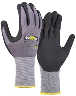 texxor 12 Stück Nylon-Strickhandschuhe black touch® 2450, Packung, grau-schwarz, 7/S