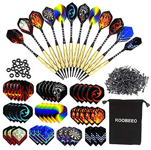 ROOBEEO Dartpfeile mit weicher Spitze, 18 g, Kunststoffspitze, 12 Stück, mit Messing-Stahlfässern und Aluminium-Schäften, 200 zusätzliche Dartspitzen, 42 Dart-Flights, 20 zusätzliche Gummiringe und 1
