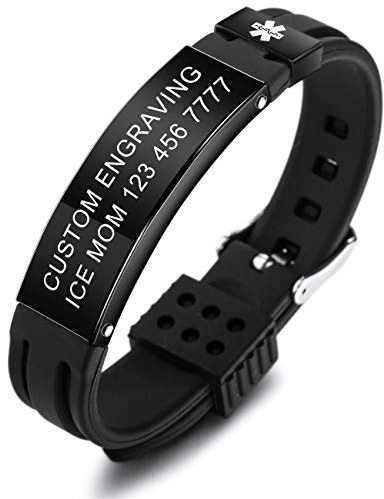 MOWOM Medical Custom Gravé Silicone Réglable Sport Nom ID Identification Alerte Bracelet Médical pour Hommes Femmes Enfants en Acier Inoxydable Caoutchouc- (Bundle avec Carte d'urgence, Titulaire)