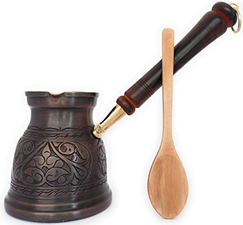 DEDE Copper,IST Serie (XLarge-16.9 floz),dickstes massives Kupfer graviert türkisch griechisch arabische Kaffeekanne mit Holzgriff, Herd-Kaffeemaschine Cezve, Jezve, Jazva, Ibrik, Briki (antik) )