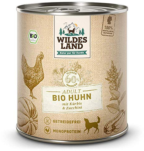 WILDES LAND – Huhn | Nassfutter mit extra hohem Fleischanteil und natürlichen Zutaten für ausgewachsene Hunde. Getreidefreies Alleinfutter ohne Zusatzstoffe in der Dose | 12x800g Huhn