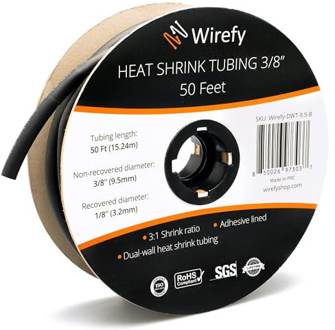 Wirefy Guaina Termorestringente 9,5 mm - Tubo Isolante 3:1 - Interno Adesivo - Nero - Rotolo 15 m