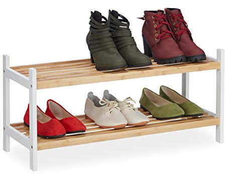 Relaxdays Schuhregal, Schuhablage mit 2 Ebenen, bis 6 Schuhpaare, Bambus & Birkenholz, HxBxT 33 x 70 x 26 cm, Natur/weiß, Holz