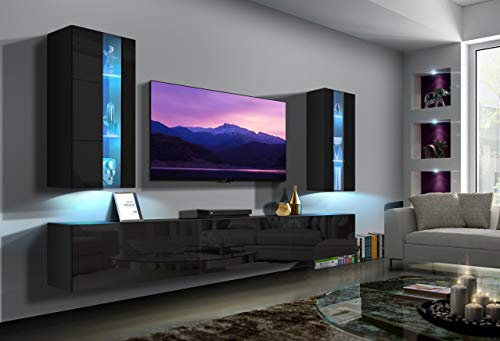 Furnitech Wohnwand Wohnzimmer | Wohnzimmer Möbel mit LED Weiß | Hängend Wohnwand Modern | Wohnzimmer Schrankwand mit Regale und TV Schrank (Luiziana AN20-18B-HG1 1B)