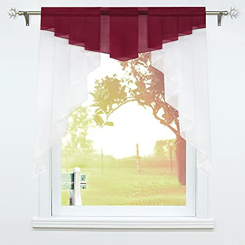 SCHOAL Scheibengardinen Küche Kleinfenster Gardinen mit Kräuselband oder Tunnelzug Bistrogardinen Voile Transparente Kurzgardinen Modern 1 Stück BxH 140x145cm Weinrot